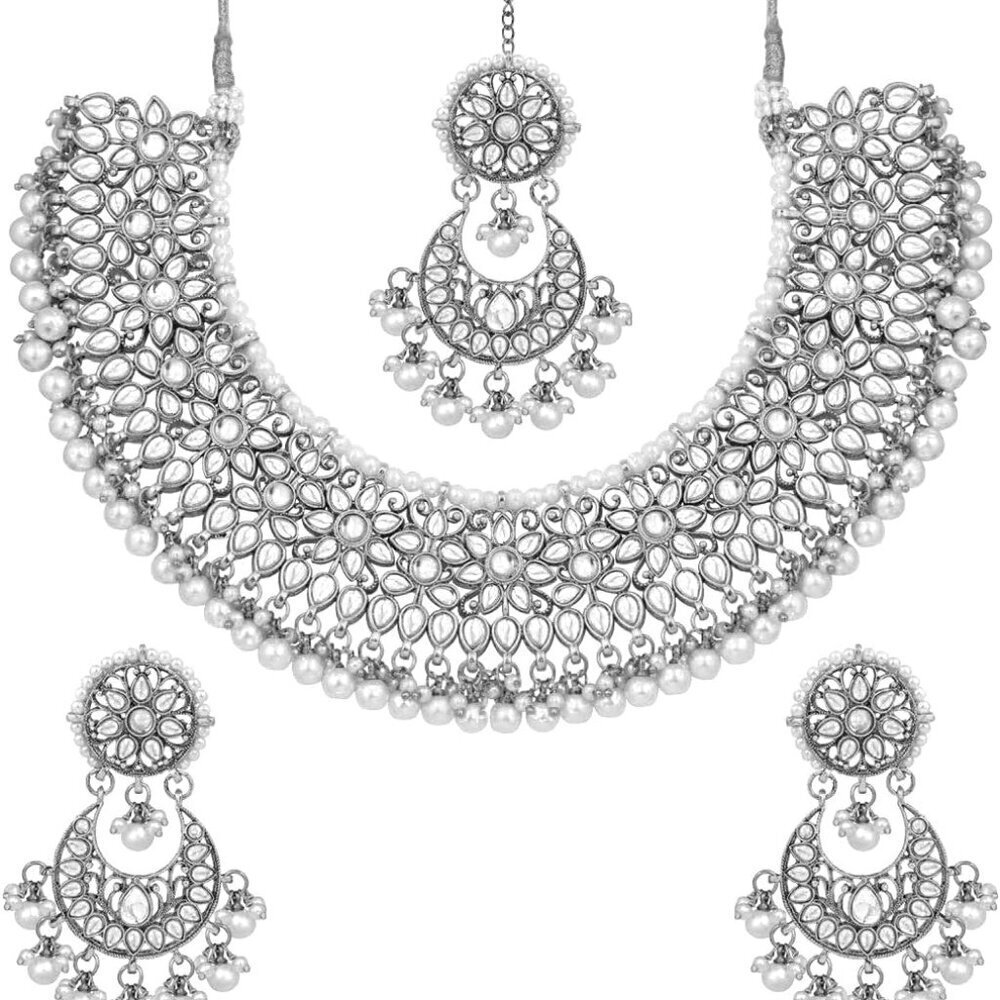 Indian Faux Kundan Jewelry Set Necklace Earrings Maang Tikka Women Gift